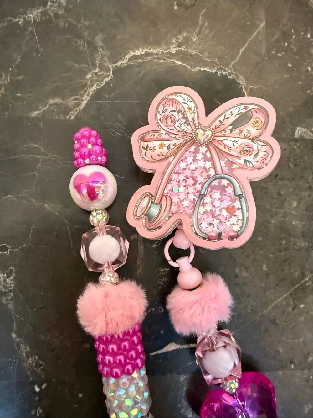 Pink Stethoscope and Hearts Rhinestone Beaded Pen and Matching Badge Reel Set